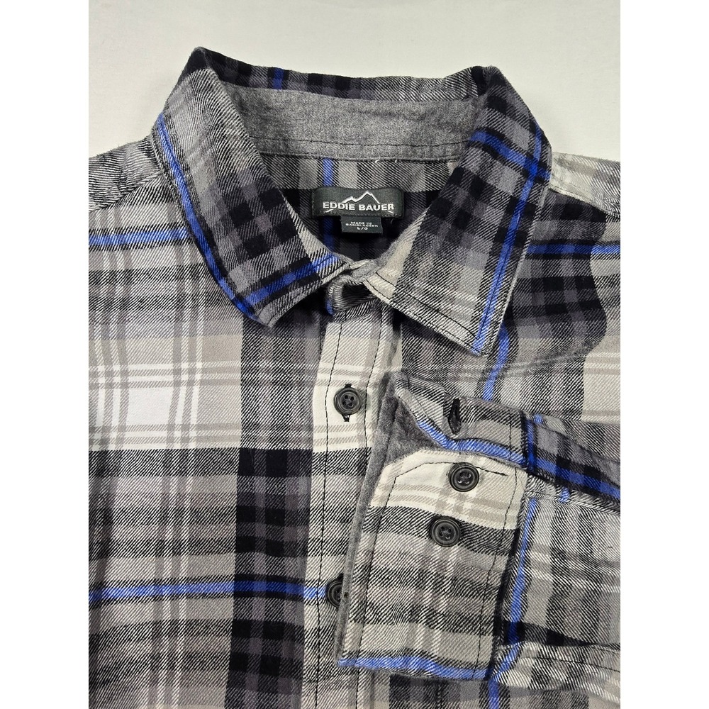Eddie Bauer Mens Large Grey Blue Plaid Flannel grunge Button Down Shirt‎ L